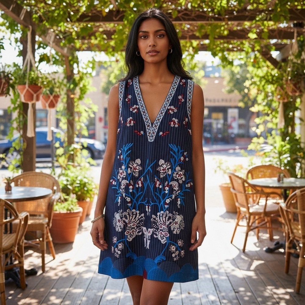 Foxiedox Anthropologie Yumiko Embroidered Striped Shift Dress